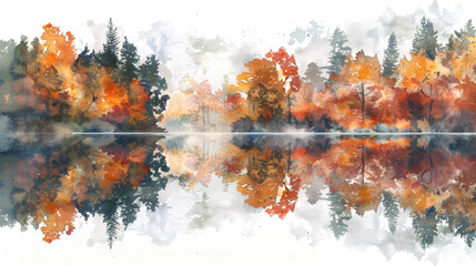 Watercolor painting depicting the beauty of a lake surrounded by autumn trees with reflections in the calm water
