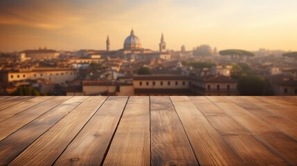 The wooden tabletop is empty, with a blurred city background.