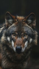 Fototapeta premium Close up on a wolf eyes on black background, grey wolf portrait with copy-space, intense stare, dusk, pack in distance, wild instinct and natural habitat's mystery. Generative ai