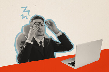 Naklejka premium Trend artwork sketch image composite photo collage of silhouette tired young guy office manager close eyes work laptop sleepy overloaded