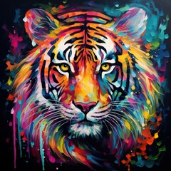 Blacklight painting-style tiger, tiger pop art, illustration