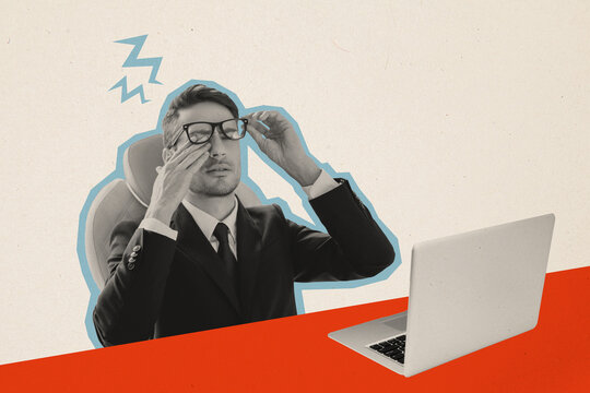 Trend artwork sketch image composite photo collage of silhouette tired young guy office manager close eyes work laptop sleepy overloaded