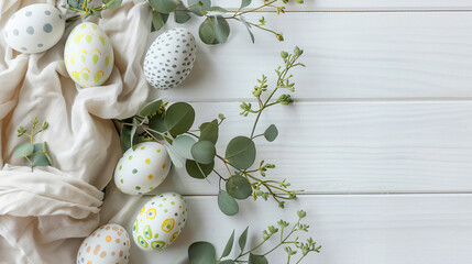 Painted Easter eggs eucalyptus branches and napkin 