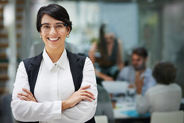 Office, businesswoman and pride with smile in portrait with arms crossed at cpa firm for trust....