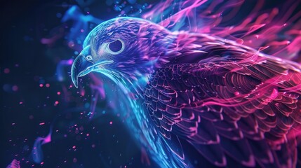 Hawk Animal Plexus Neon Black Background Digital Desktop Wallpaper HD 4k Network Light Glowing Laser Motion Bright Abstract