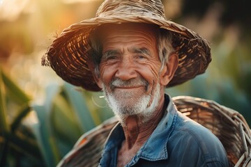 An old farmer wearing a straw hat and a basket in a jeans shirt. Working in his fields. Generative Ai