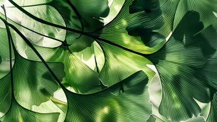 Obraz premium Ginkgo biloba green leaves background translucent against light white background to show leaf vein details texture.