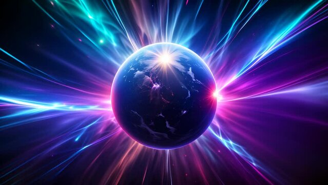 Abstract round blue to purple sphere light bright glowing from energy rays and magic waves from particles and dots, abstract background