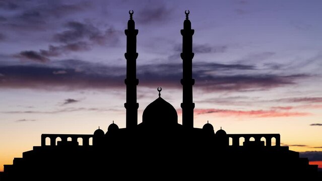 Masjid Misr: Time Lapse at Twilight with Colourful Sky and Dark Silhouette of Grand Mosque in New Administrative Capital of Egypt