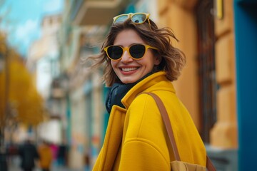 Obraz premium a woman in a yellow coat walks through the city