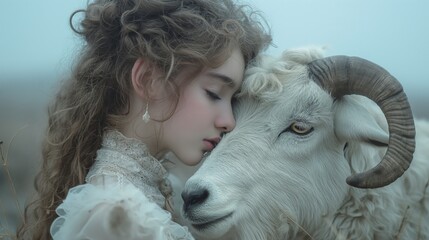 Serene image capturing a pale girl in a tender moment as she kisses a majestic white horned sheep in a misty field