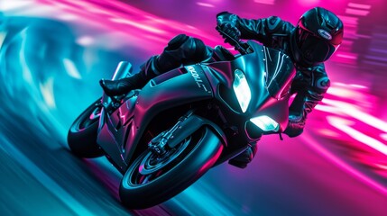 A motorcyclist rides fast in neon lights.