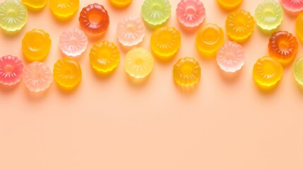 Tasty colorful lollipops as a background, top view, copy space.