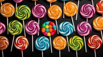 Tasty colorful lollipops as a background, top view, copy space.
