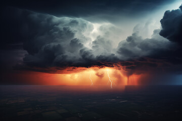 Dramatic thunderstorm with vivid lightning strikes illuminating dark. Generative AI