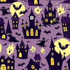 Seamless pattern of spooky haunted houses with ghosts and bats, Generative AI