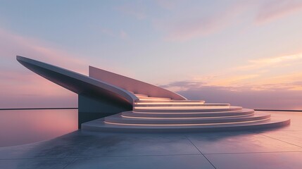 A Stage With A Staircase And The Ocean View In The Background.