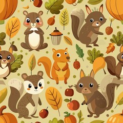  Seamless pattern of woodland creatures gathering nuts and acorns, Generative AI
