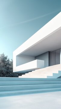 A Vertical Image Of A Modern Building With A Staircase And The Sky View In The Background.