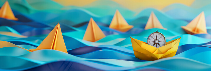 A creative image depicting paper boats on a digitally rendered wavy ocean surface with a conspicuous compass for navigation