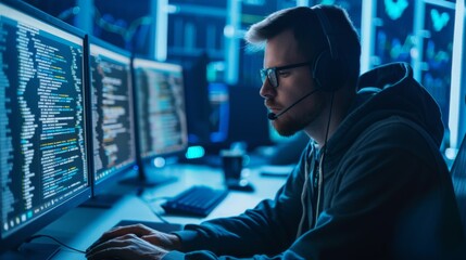 Late-Night Software Developer Working in Dark Office