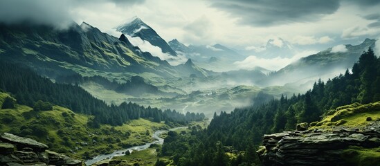 panoramic view of the mountains and the river in the clouds