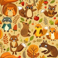  Seamless pattern of woodland creatures gathering nuts and acorns, Generative AI