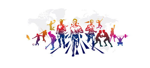 Sports day or world athletics day background. World map with athletics, sports players banner.