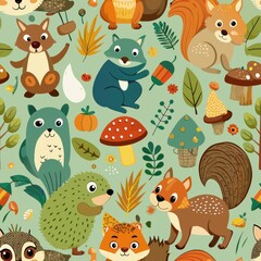  Seamless pattern of woodland creatures gathering nuts and acorns, Generative AI