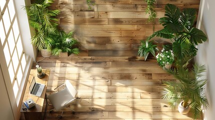 Bright and airy home office with a large window, wooden floors, and lots of plants. The perfect place to work and be inspired.