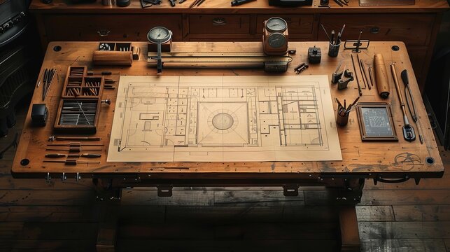 A vintage architect's desk with blueprints, a slide rule, and drafting tools.