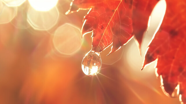 Close up red autumn leaves of maples tree branch with sparkle on water drop and soft sunlight blurred background