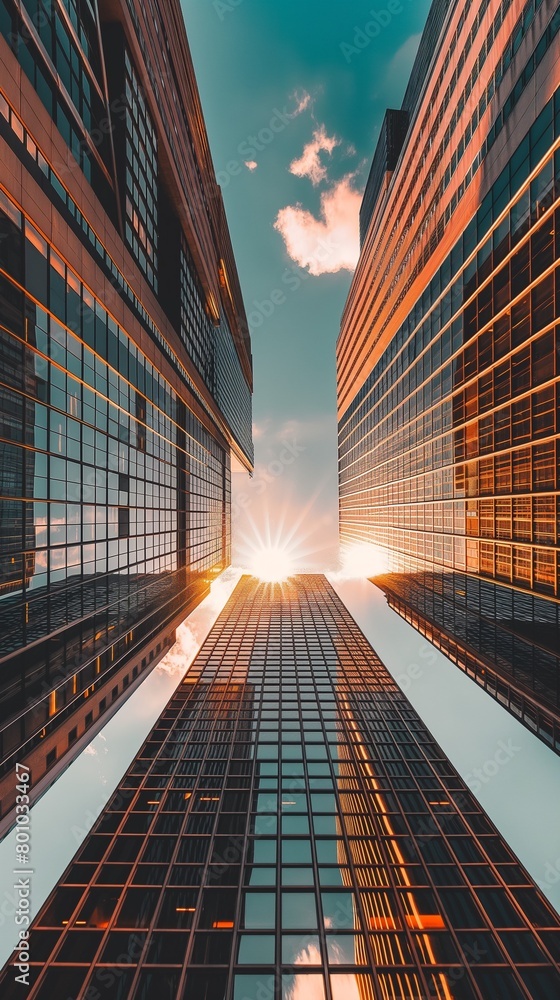 Poster a vertical image of the viewer is looking straight up between a skyscrapers.
