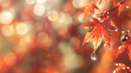 Close up red autumn leaves of maples tree branch with sparkle on water drop and soft sunlight blurred background