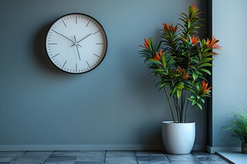 Classic round wall clock with roman numeral design isolated and hung on background.