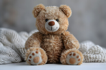 Obraz premium Brown Teddy Bear on Blanket in Soft-Focus Portrait