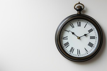 Classic round wall clock with roman numeral design isolated and hung on background.