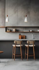 A Vertical Image Of A Modern Kitchen With A Counter, Dining Chairs, And A Ceiling Light.