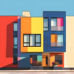 A multicolored building with windows and balconies
