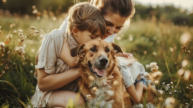 extremely high-quality, dynamic family photos Photography, mom and kids playing with dog