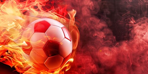 Intense and dramatic depiction of a soccer ball engulfed in flames and smoke, rendered in vibrant red tones to evoke the energy and passion of the sport.