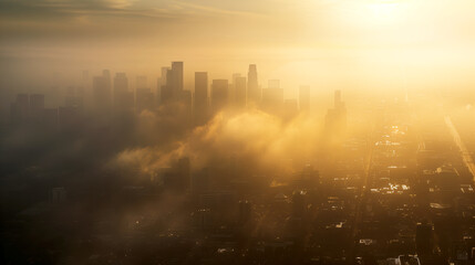 A city skyline shrouded in thick smog