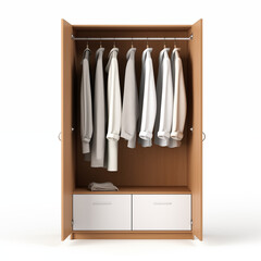 3D rendering of a wooden wardrobe with clothes hanging on it