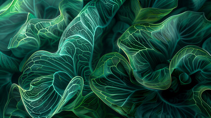 Ethereal digital art of glowing green leaves in a macro perspective for a mystical background.