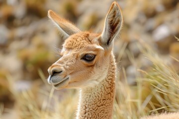 Naklejka premium Vicuna in the Wild. Brown Doe with Young One near the Canyon - Wildlife Photography