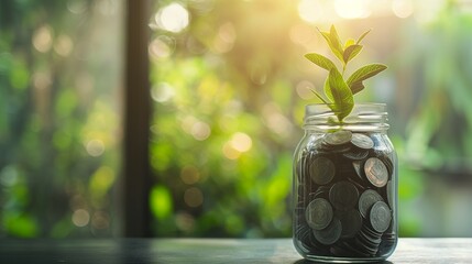 A Green Plant Growing Out Of A Glass Jar Filled With A Coins.