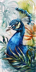 Colorful Watercolor Peacock: Exotic Bird Illustration with Tropical Palm and Ornament in Jungle
