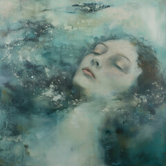 Fototapeta premium A serene illustration face partially submerged in bubbly turquoise water.