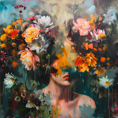 Abstract contemporary art collage portrait of woman with colorful flowers on face.