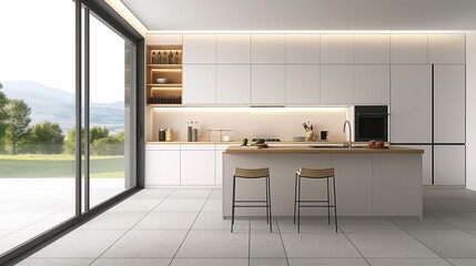 A Modern Kitchen With A Counter, Dining Chairs, And Sliding Glass Doors. 